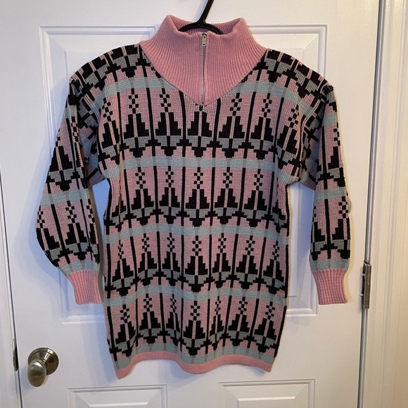 Vintage 80’s Pink Gray Black Art Deco Dressy Tessy Sweater w Shoulder Pads Sz S - Picture 1 of 7